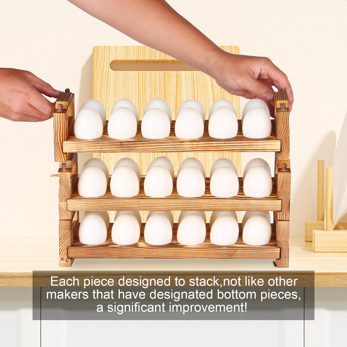 CVHOMEDECO stackable egg holder reduces countertop clutter while keeping eggs accessible.