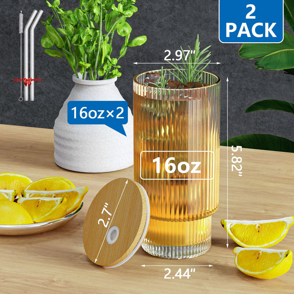 CWHHRN 16oz glass cup with lid and straw in a bundle offer