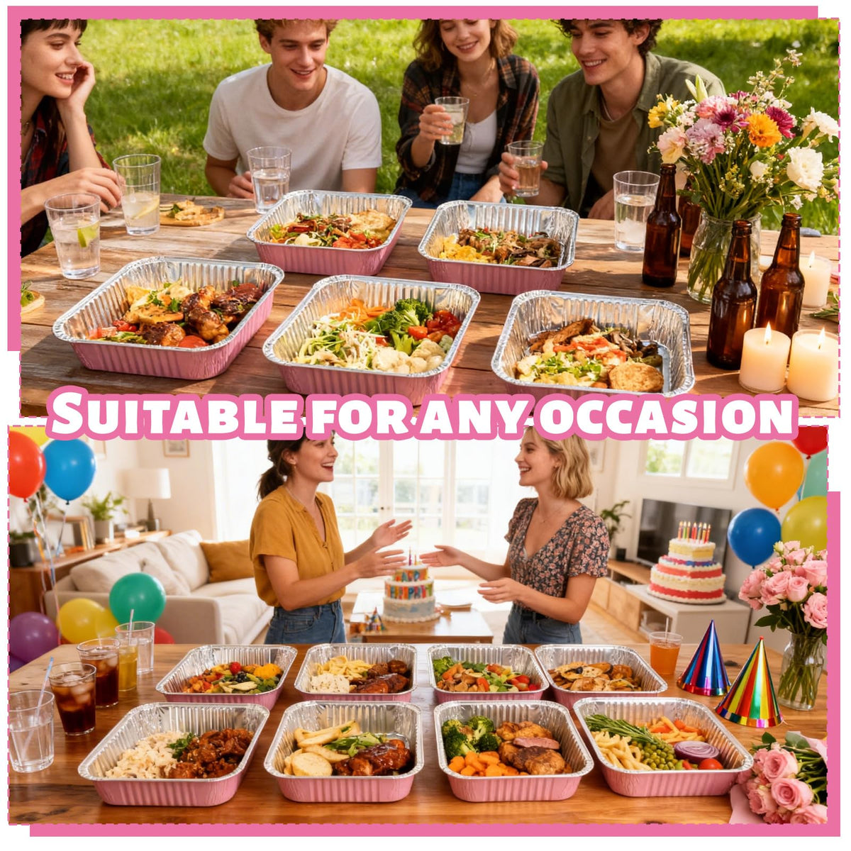 CXIIPOL multi-use pans support cakes, salads, and small portions at gatherings.