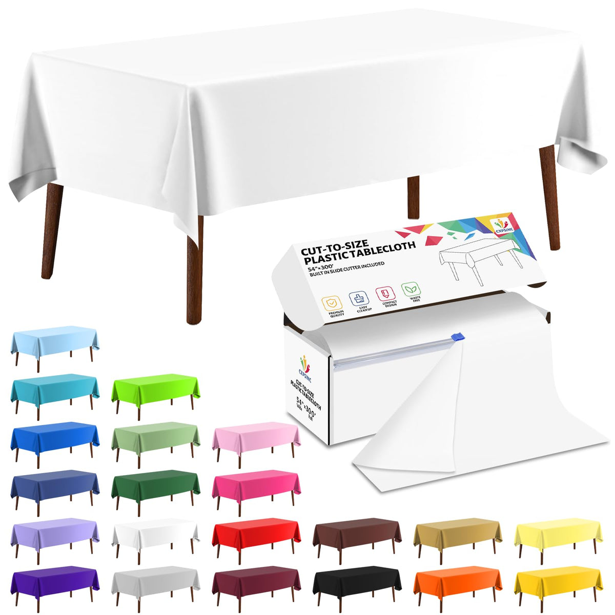 CXPSINC 54in white table cover roll inside a box for quick fitting and storage