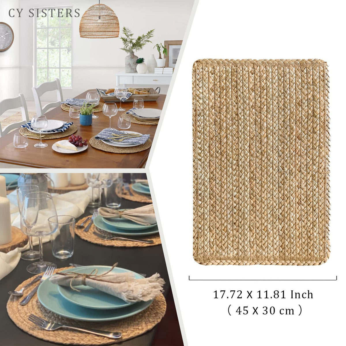 CY SISTERS placemats showing large 17.7 x 11.8 inch size for plates