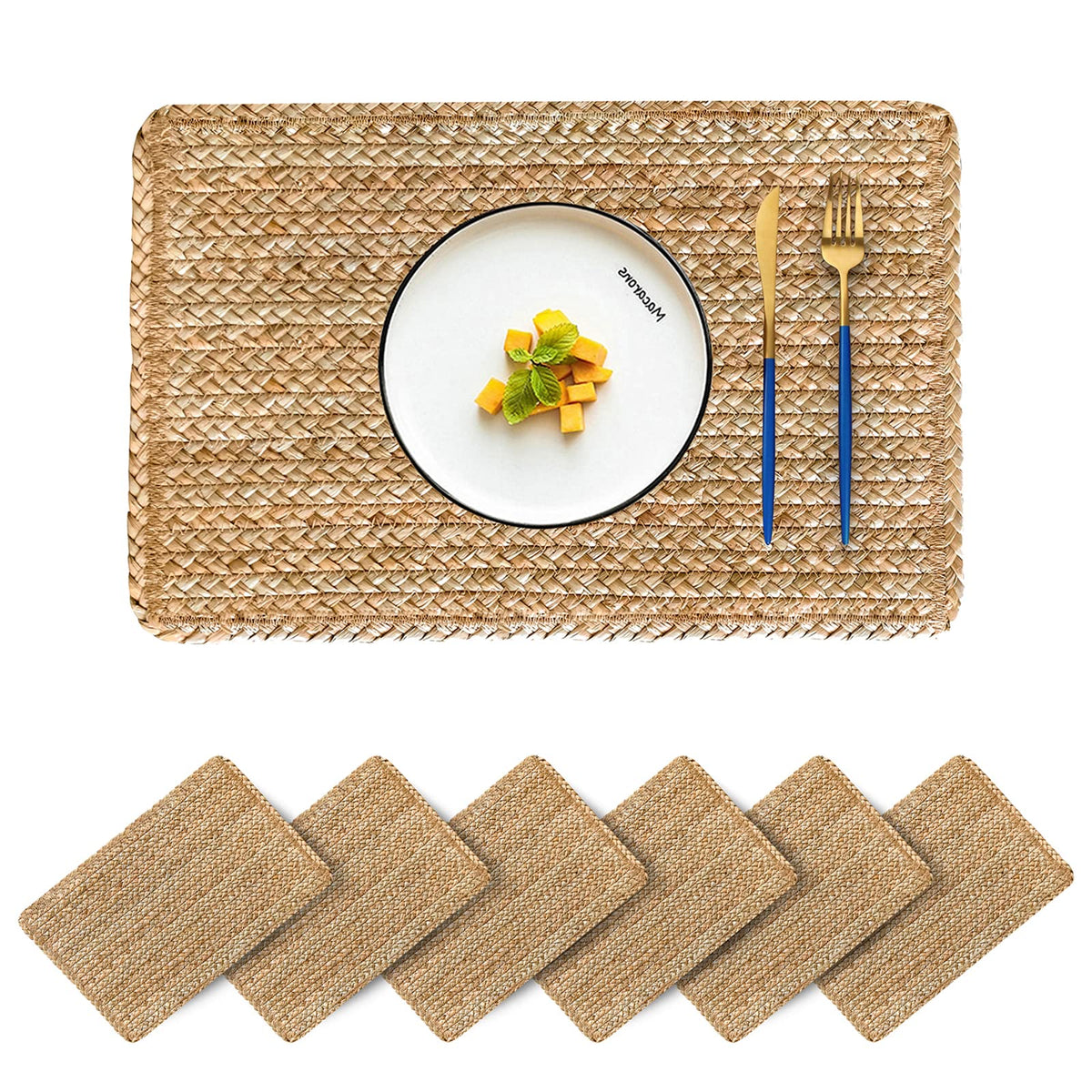 CY SISTERS placemats display natural water hyacinth weave with durable surface protection