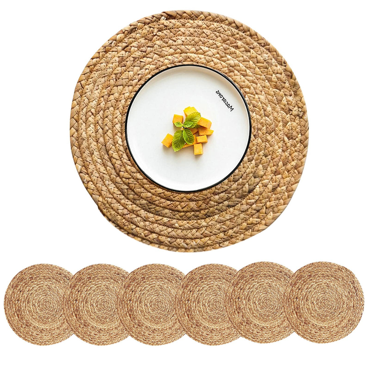 CY SISTERS round placemats in natural water hyacinth add warmth and table protection.