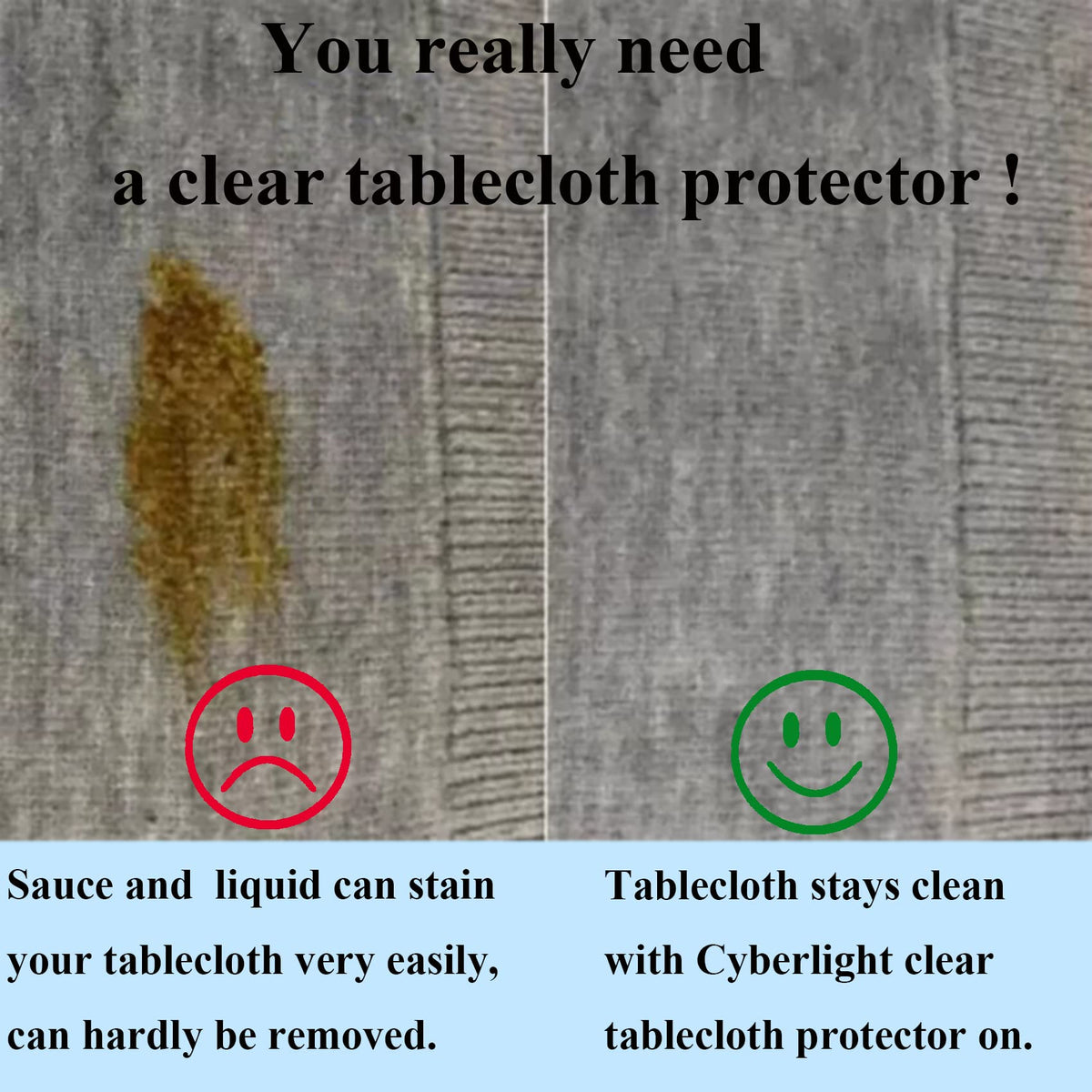 Cyberlight waterproof clear plastic tablecloth shields surfaces from spills.