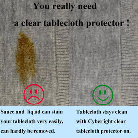 Cyberlight waterproof clear plastic tablecloth shields surfaces from spills.