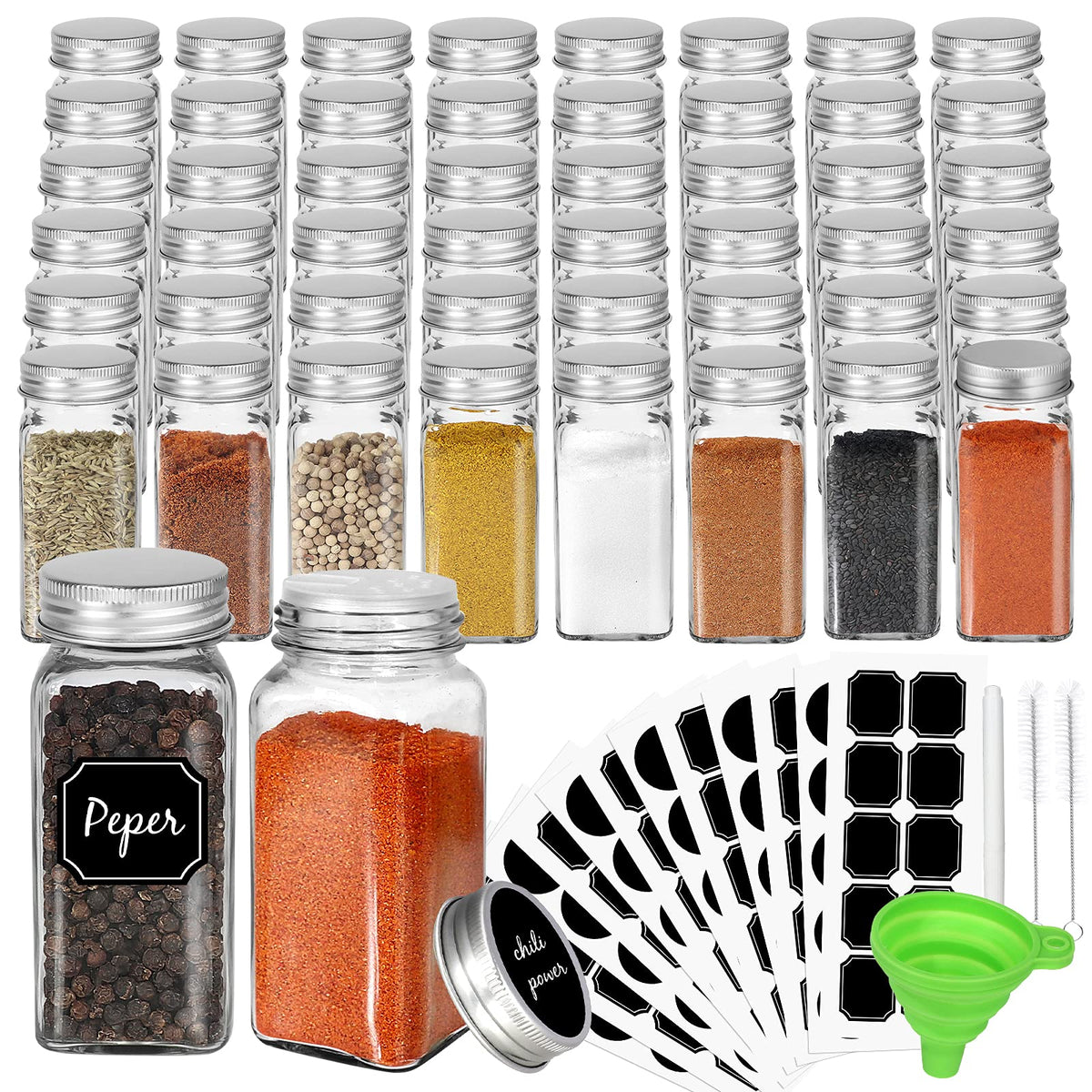 CycleMore 48-pack 4oz glass spice jars for clear ingredient visibility.