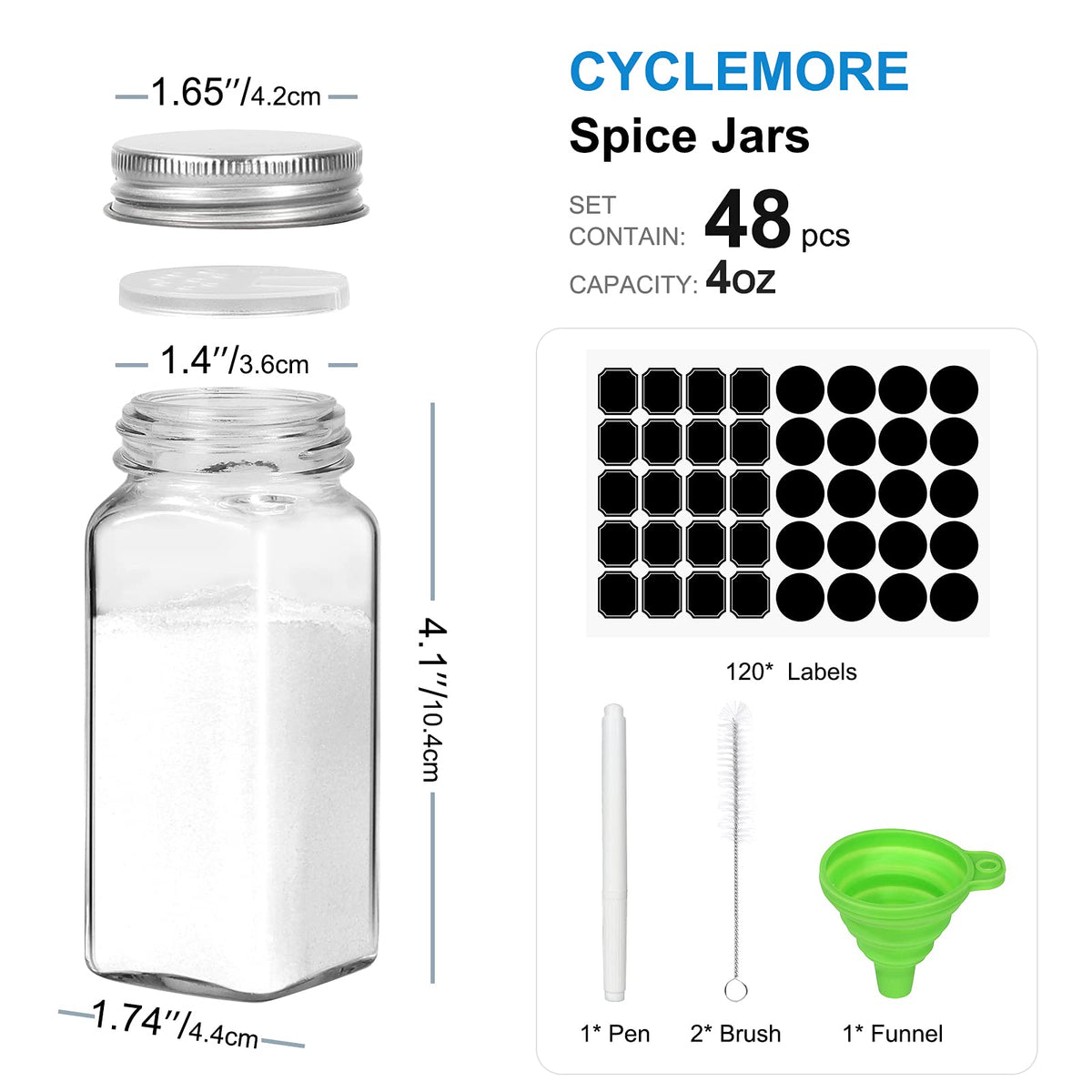 CycleMore square spice containers with silver caps fit neatly on a rack.