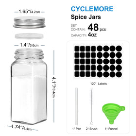 CycleMore square spice containers with silver caps fit neatly on a rack.