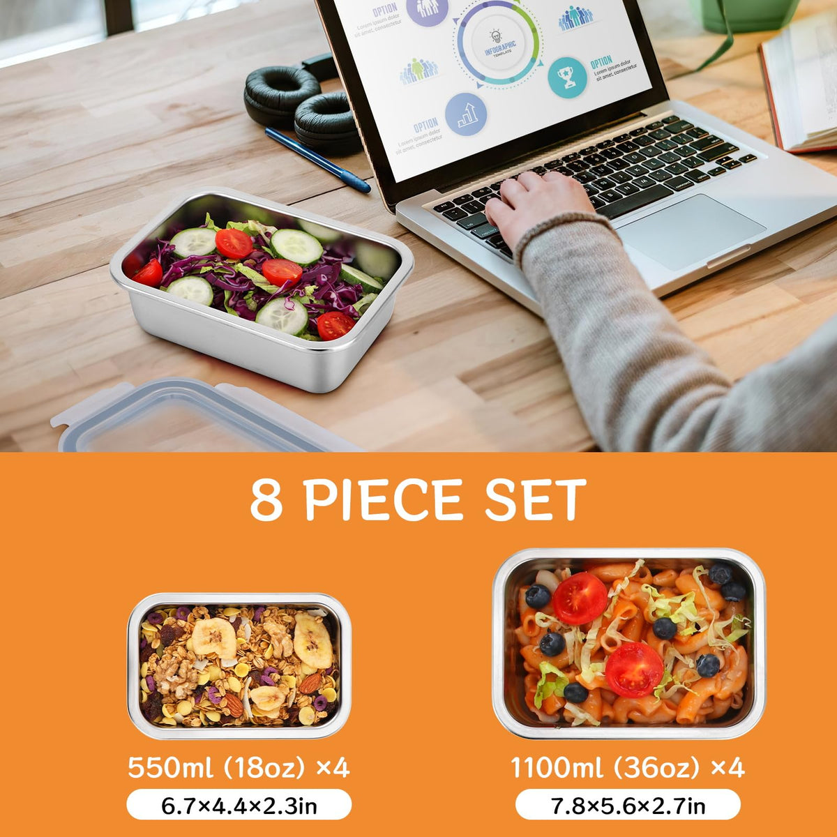 Cykorxicc 8-piece stainless steel containers with lids, 18oz, perfect for snacks and portions.