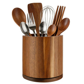 Cyrabota Acacia wood utensil holder base shows sturdy stability for counters
