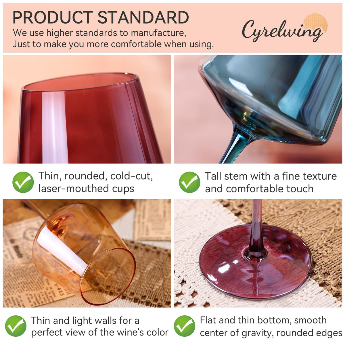 Cyrelwing hand-blown crystal wine glass offers lightweight elegance and fragile beauty