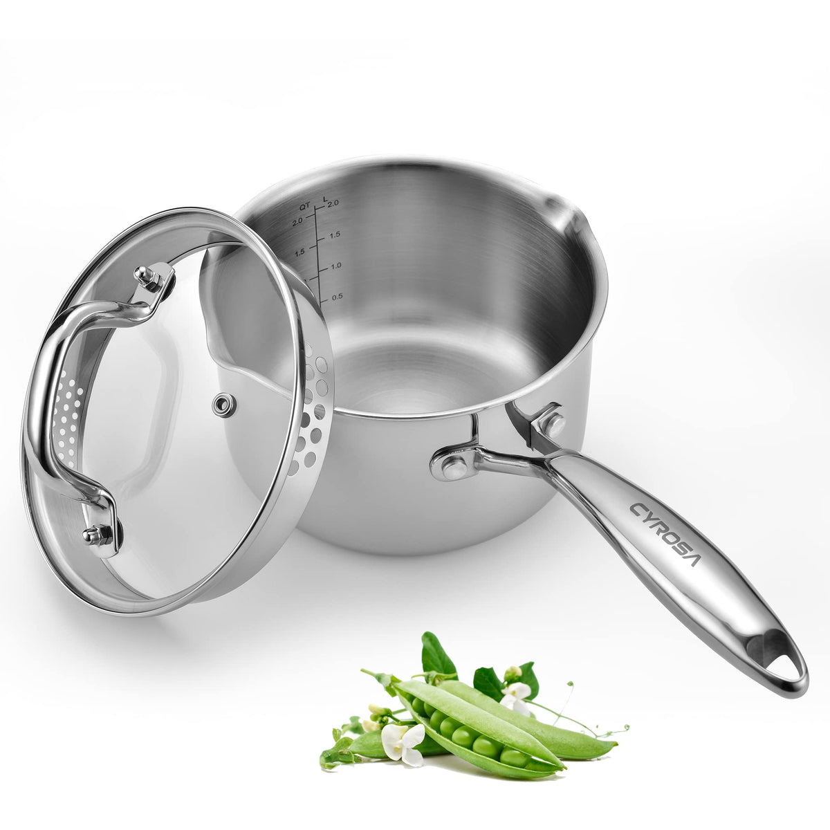 Cyrosa saucepan with glass lid for easy viewing and precise pour.