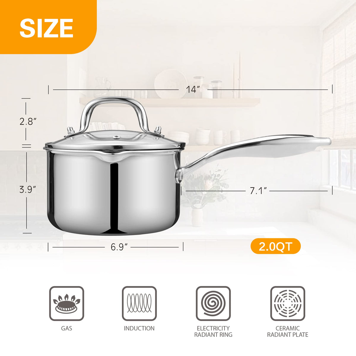 Cyrosa induction-ready saucepan works on electric, gas, and halogen stoves.
