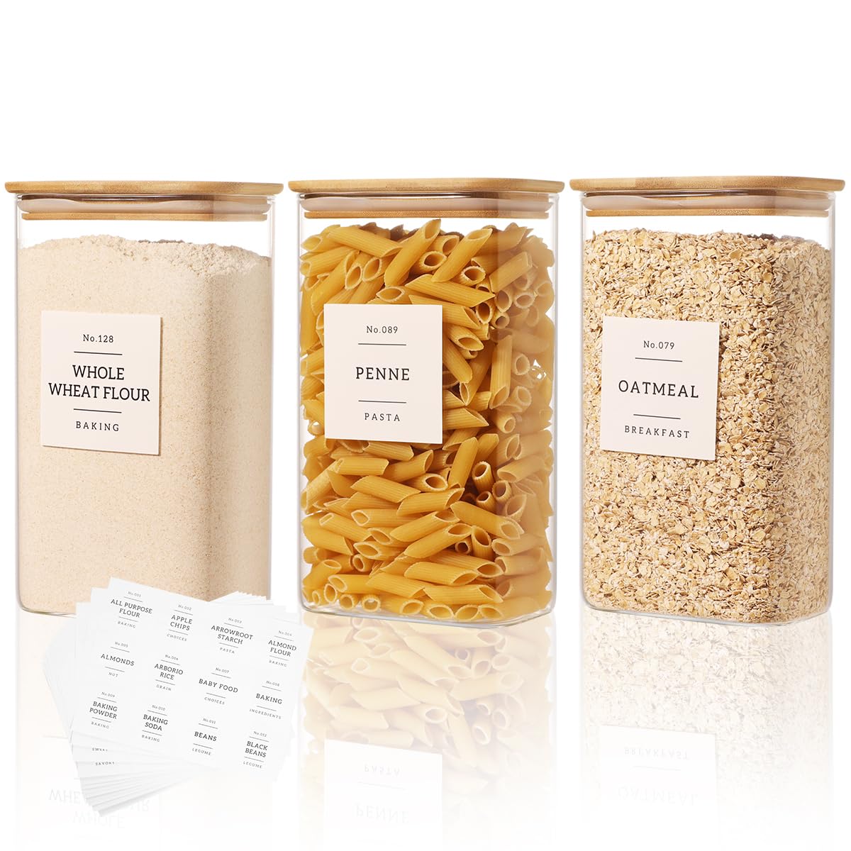 CZDYSM 3-pack square glass pantry jars with wood lids for clear visibility and tight seals.