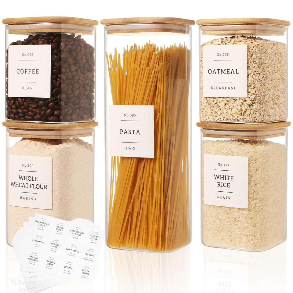 CZDYSM 5 pack square glass pantry containers with clear walls for quick ingredient visibility and tidy storage.