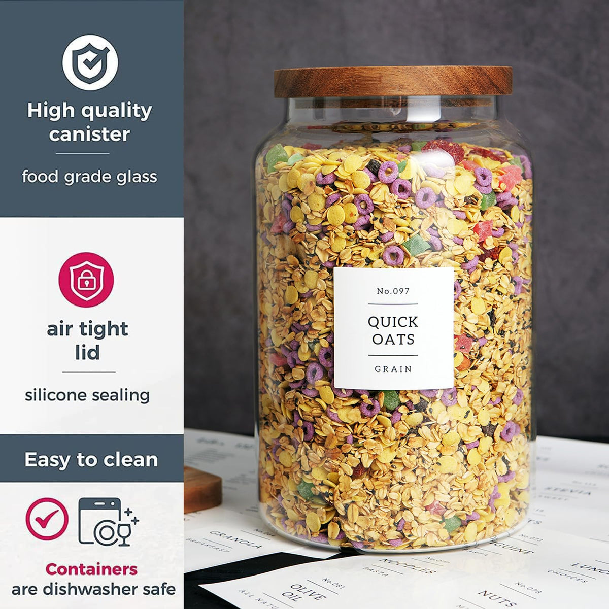 CZHQSMZ glass jar open with labels ready for spices or grains.