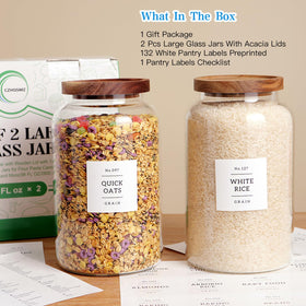Transparent jars arranged on shelf illustrating space-saving organization.