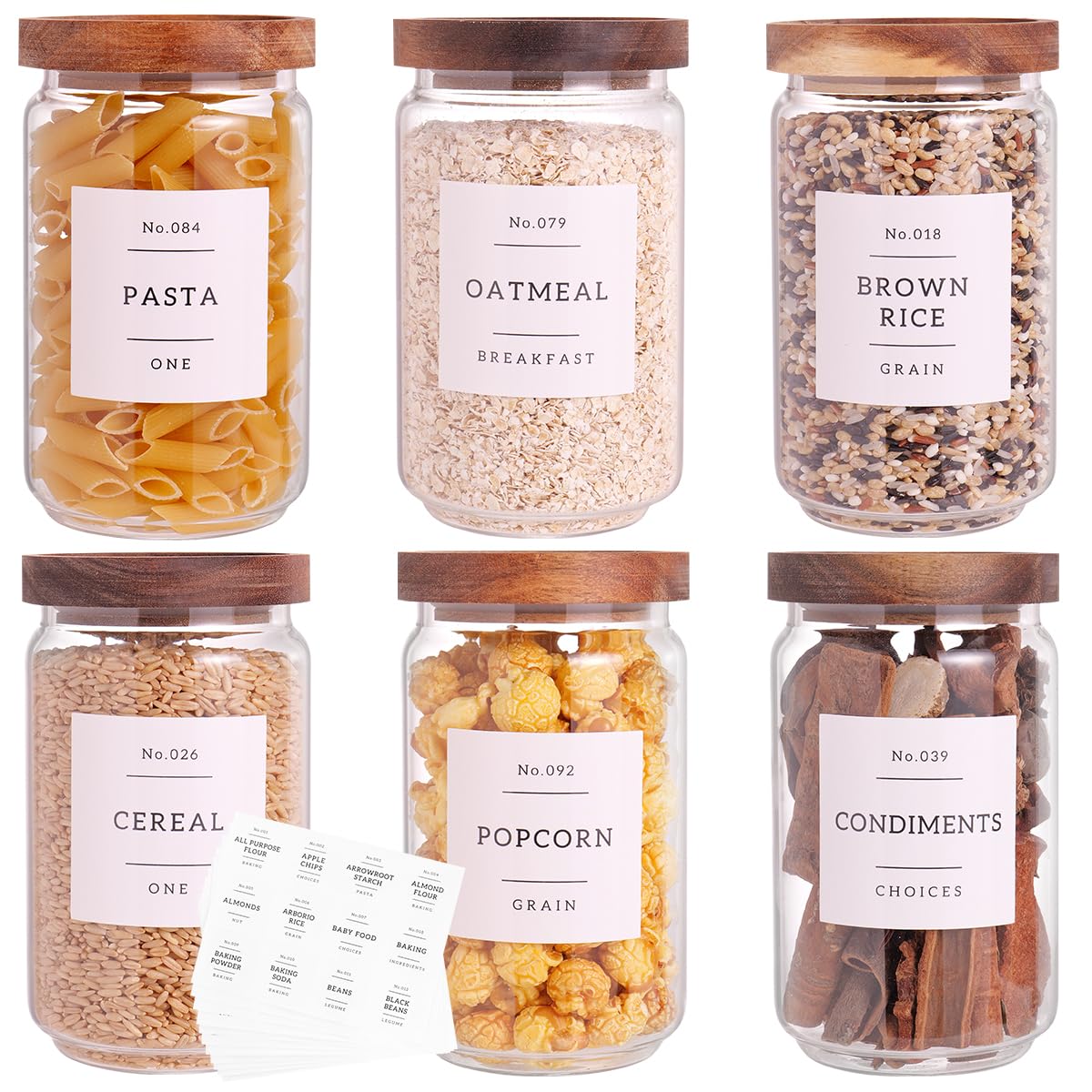 CZZGSM six-pack glass pantry jars with acacia lids for airtight storage.