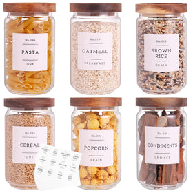 CZZGSM six-pack glass pantry jars with acacia lids for airtight storage.