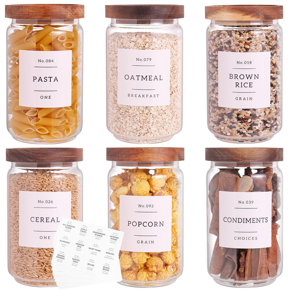 CZZGSM six-pack glass pantry jars with acacia lids for airtight storage.