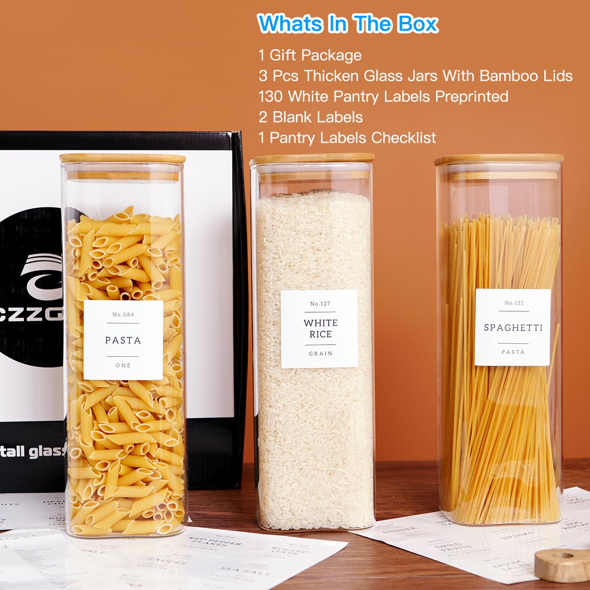 CZZGSM airtight jars keep pasta and spaghetti organized and visible.