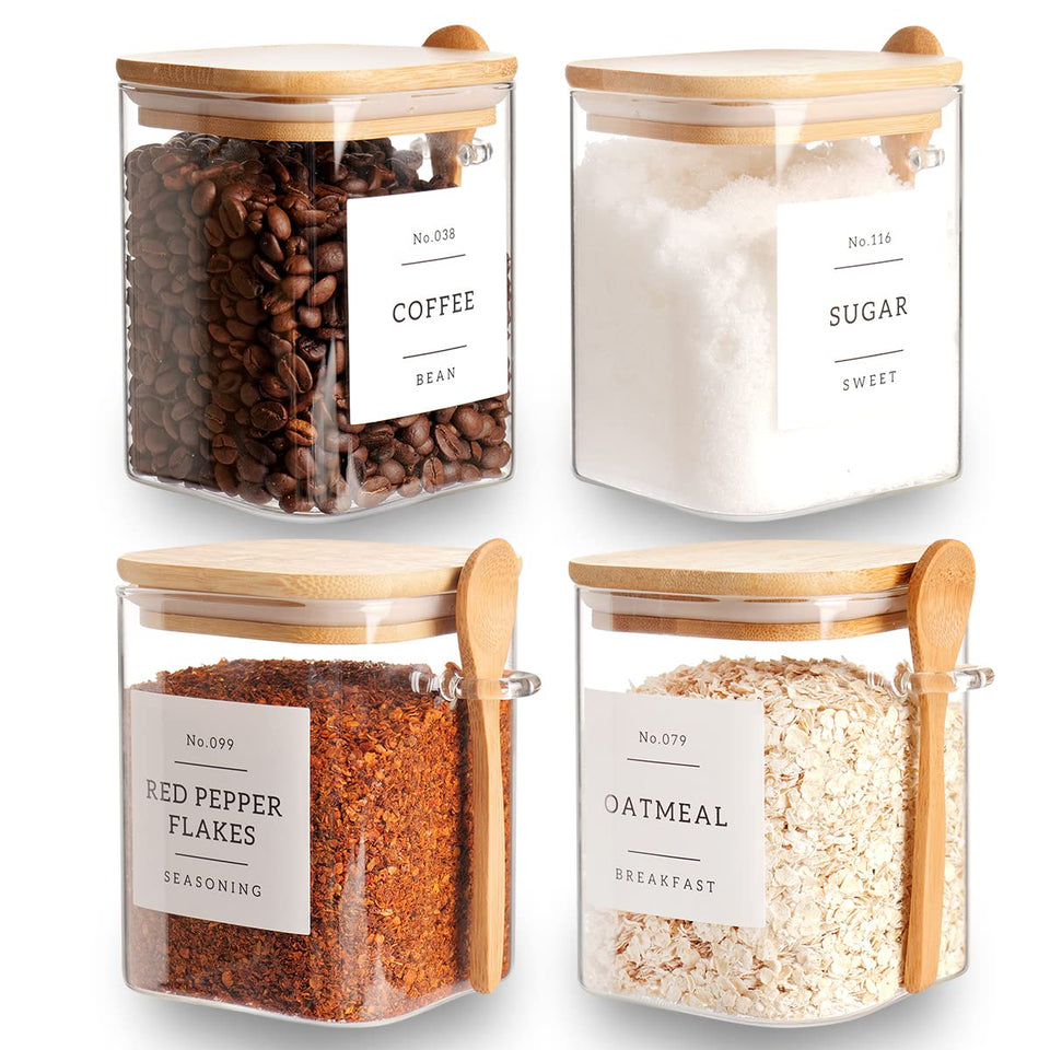 CZZGSM square glass jar with bamboo lid and spoon, airtight for pantry organization