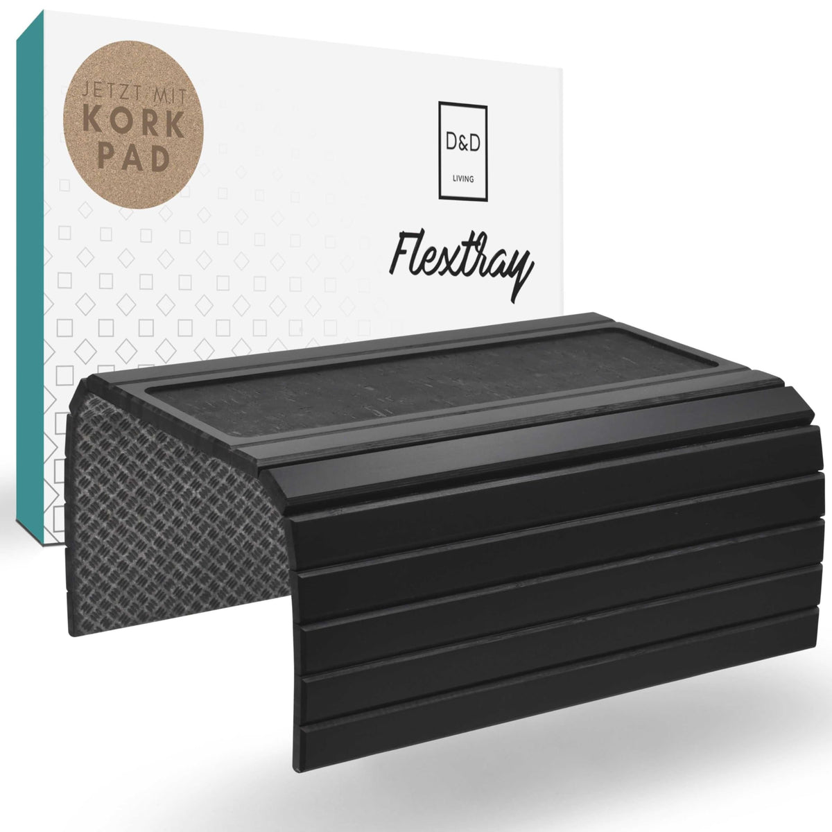 D&D Living sofa tray with anti-slip cork pad keeps beverages steady.