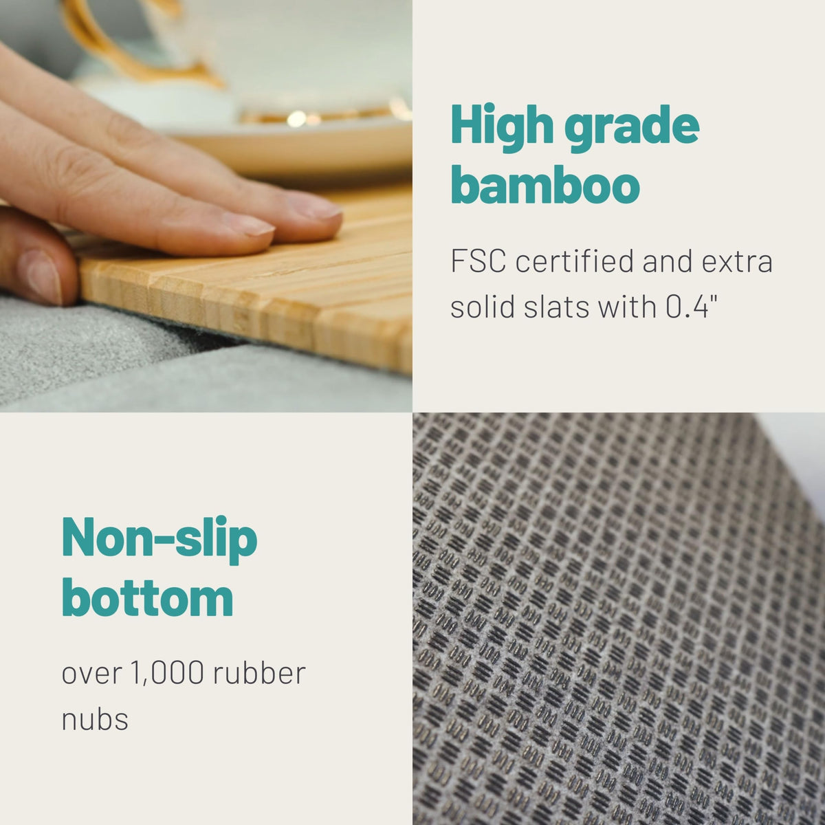 D&D Living bamboo tray used as a side table beside sofa.