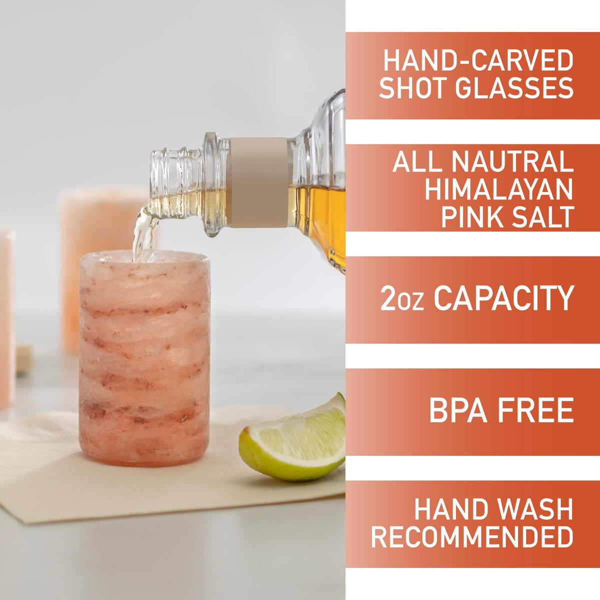 D'Eco hand-carved pink salt glasses showcase natural beauty and unique texture