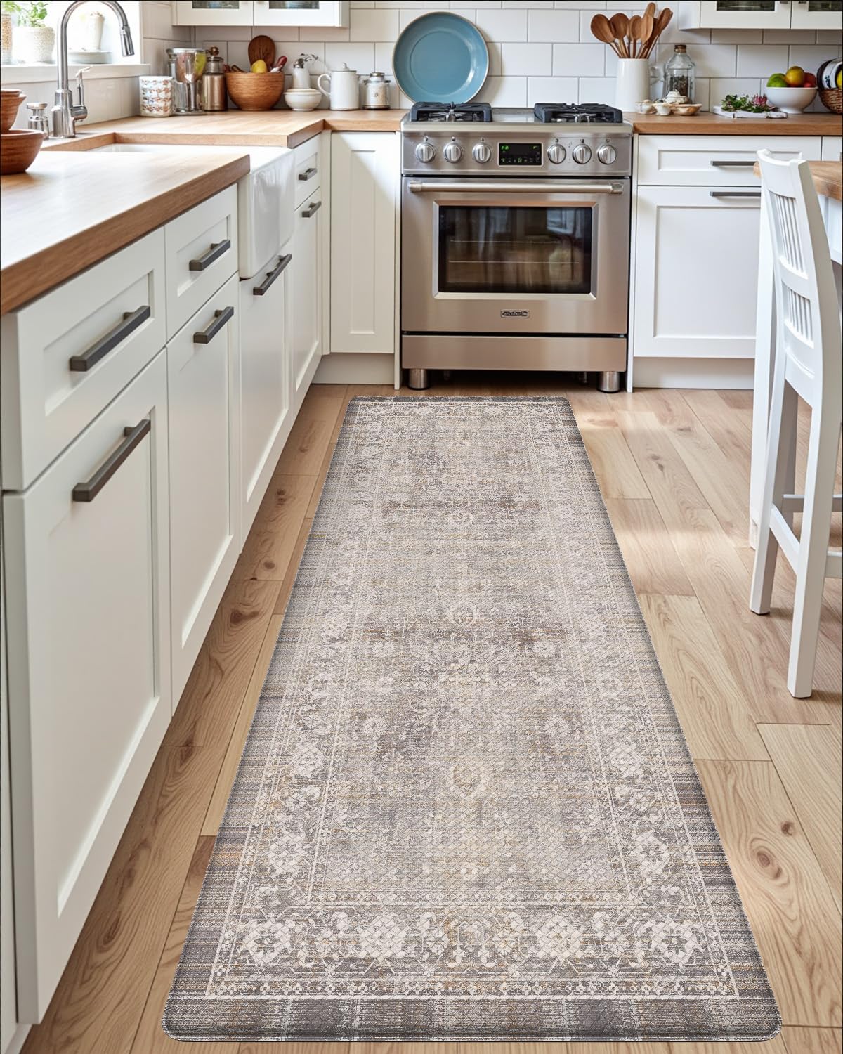 DEXI retro floral design blends with stainless steel and wood cabinetry.