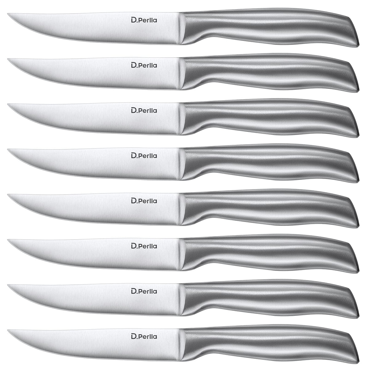 D.Perlla steak knives blade close-up showing unserrated edge for clean cuts.