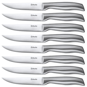 D.Perlla steak knives blade close-up showing unserrated edge for clean cuts.