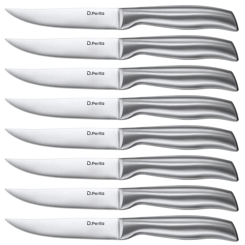 D.Perlla steak knives blade close-up showing unserrated edge for clean cuts.