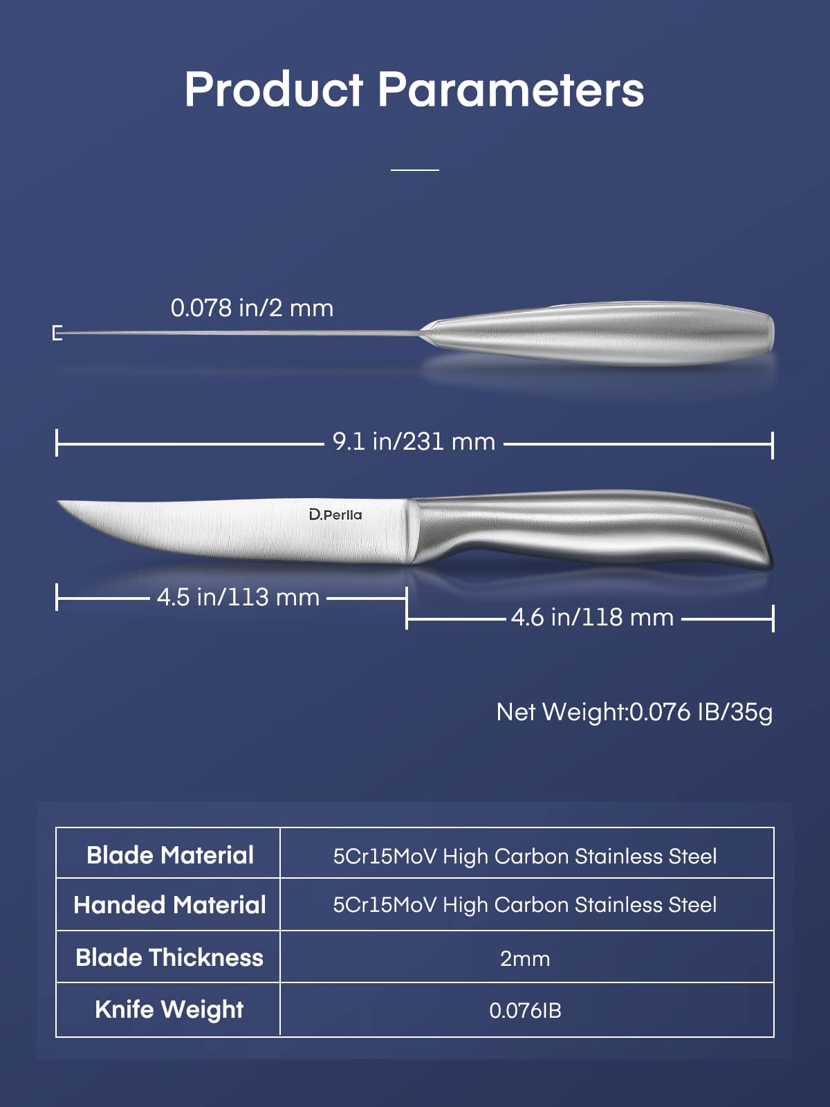 D.Perlla steak knives ergonomic handle close-up highlighting balanced grip.