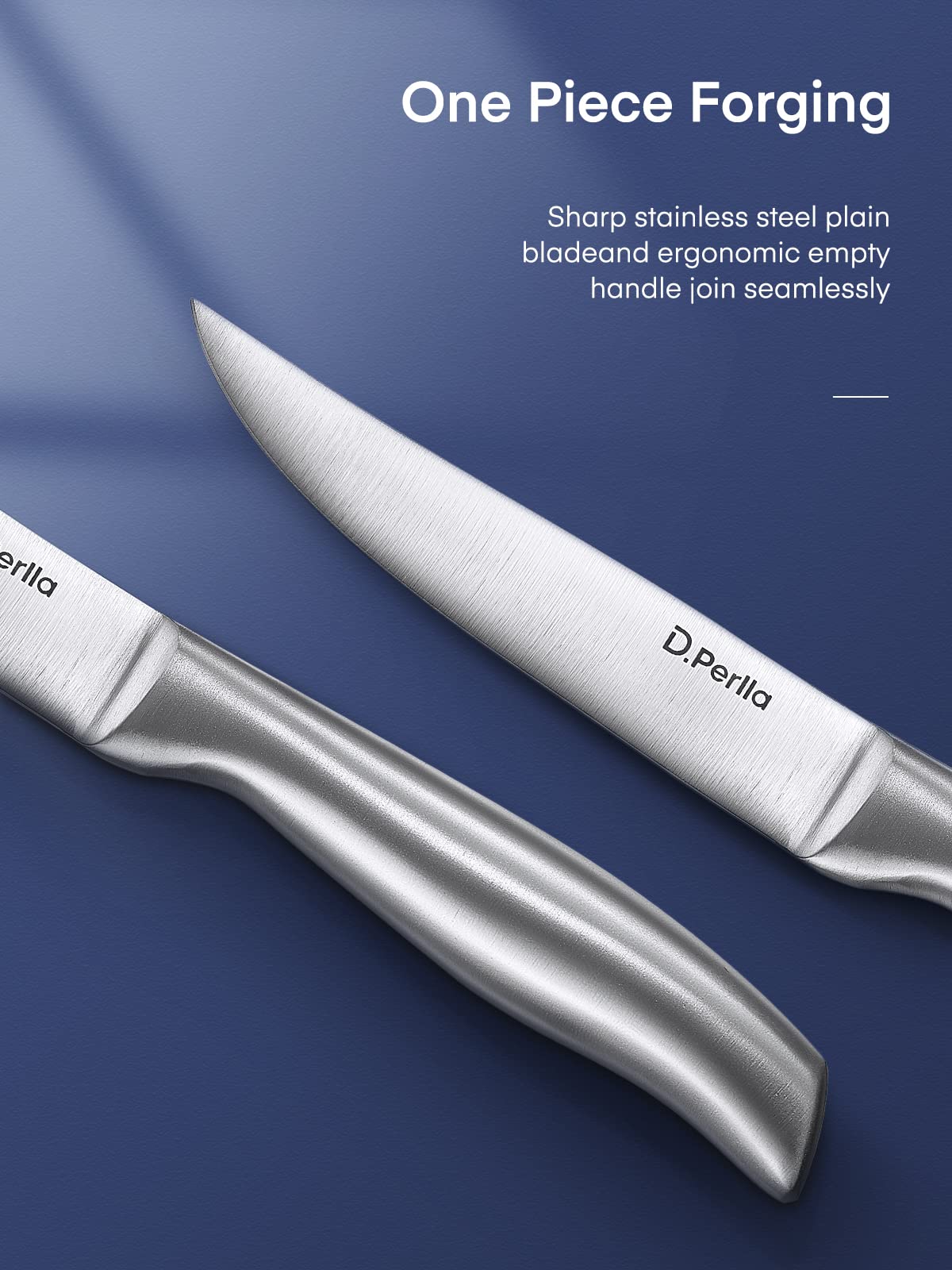 D.Perlla steak knives in use at table for precise steak slicing.