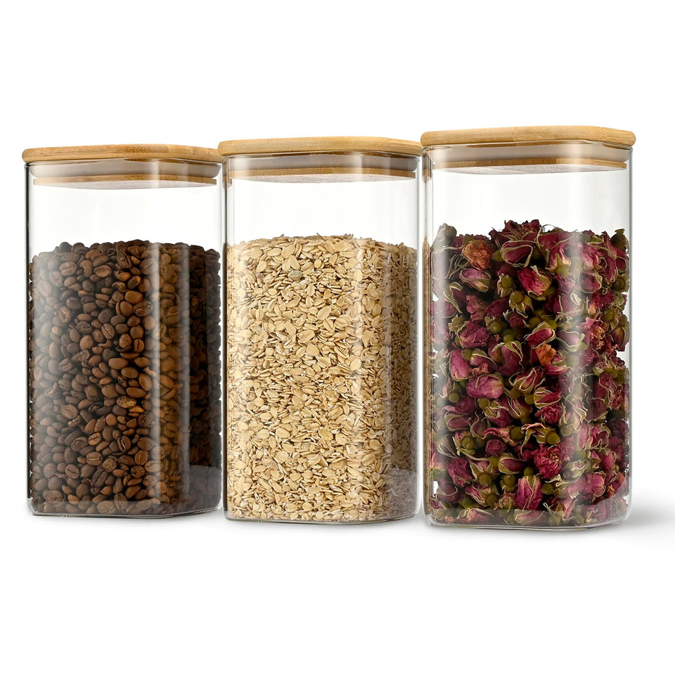 D2scrma 52oz airtight square glass canister with bamboo lid for organized pantry storage.