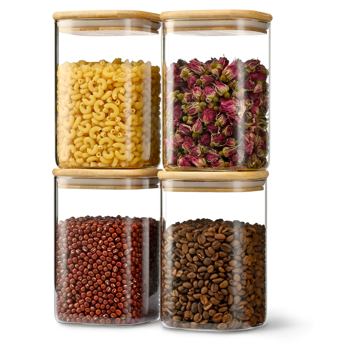 D2scrma airtight glass square canister four-pack with bamboo lids keeps pantry ingredients fresh.