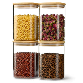 D2scrma airtight glass square canister four-pack with bamboo lids keeps pantry ingredients fresh.
