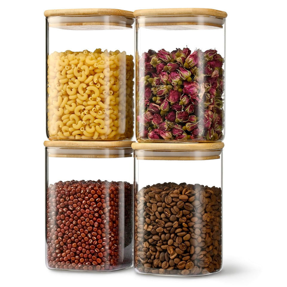 D2scrma airtight glass square canister four-pack with bamboo lids keeps pantry ingredients fresh.