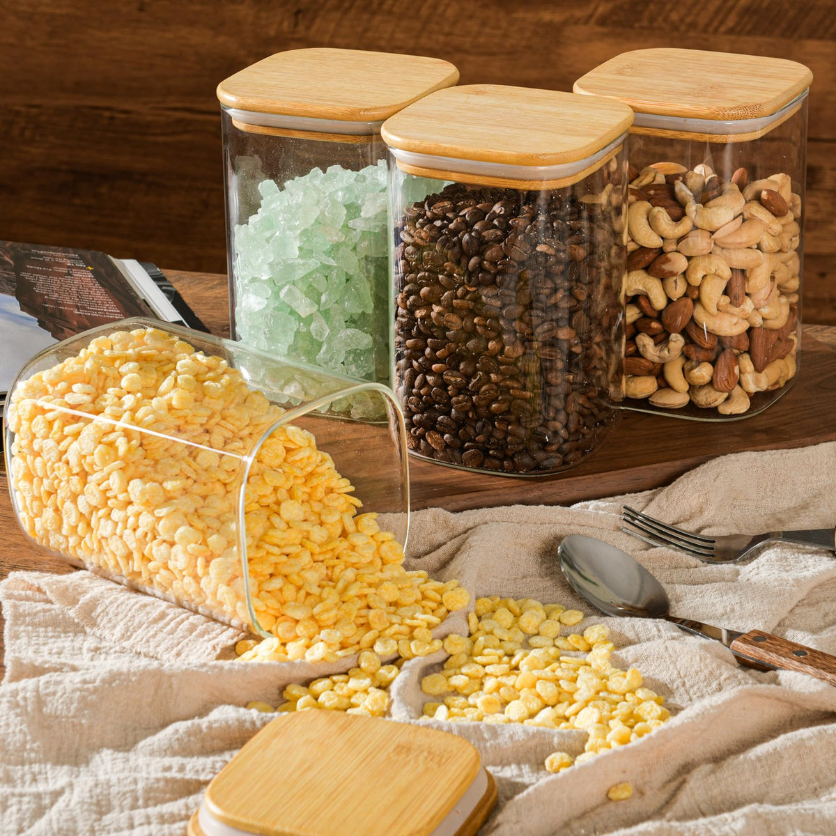 D2scrma pantry jars keep flour, tea, sugar, and snacks neatly organized.