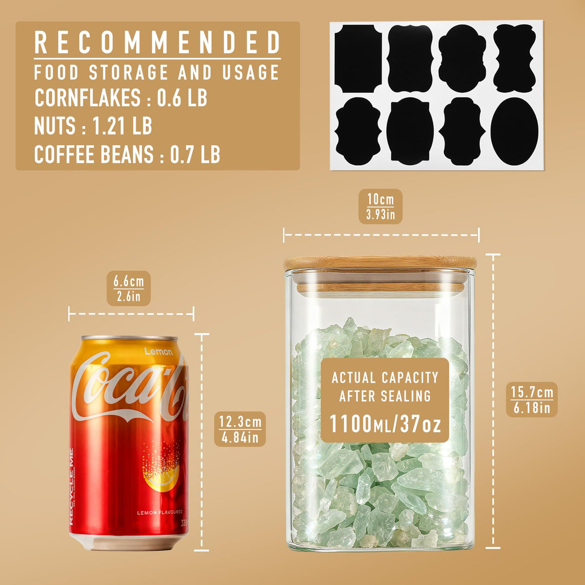 D2scrma wide-mouth glass canister for easy scooping and thorough cleaning.
