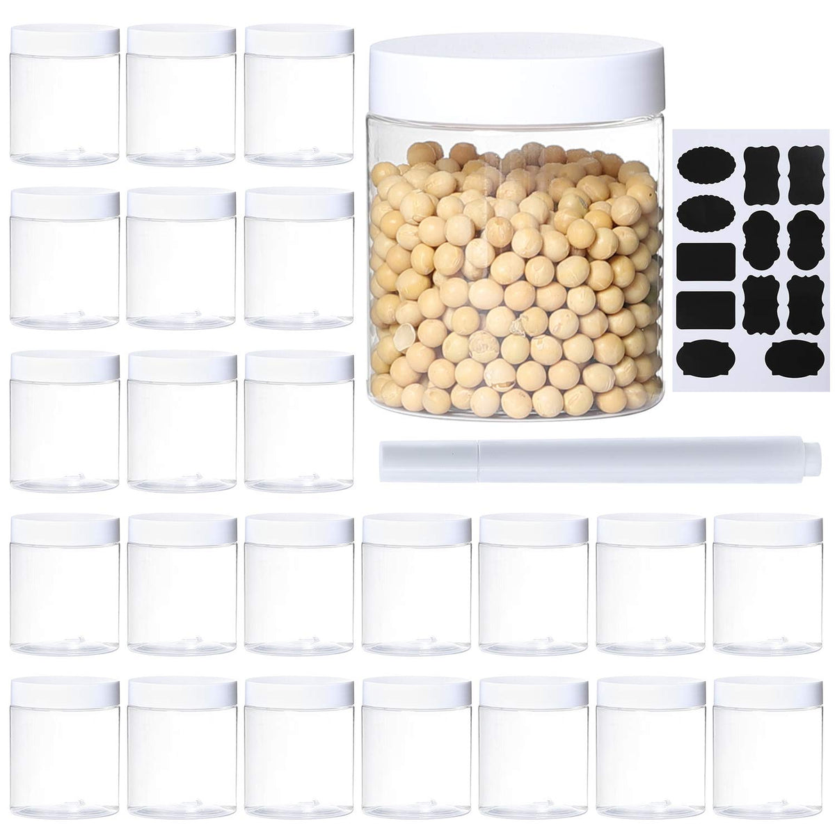 Dabacc 24-pack 8oz clear jar with white lid for organized storage and visibility.
