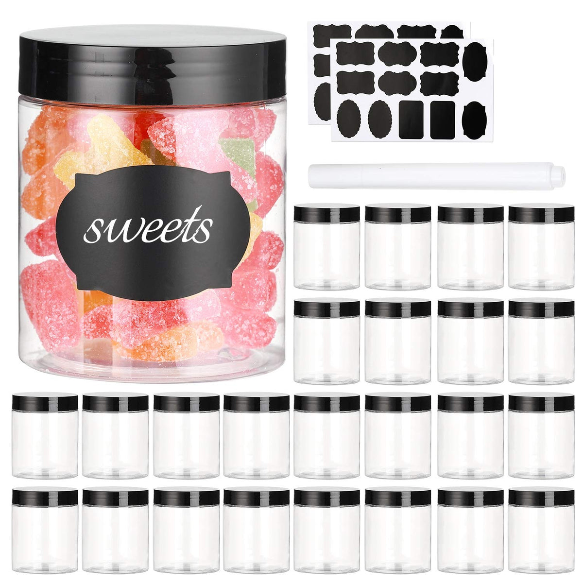 Dabacc 8 oz clear jar with black lid for pantry storage and organization.