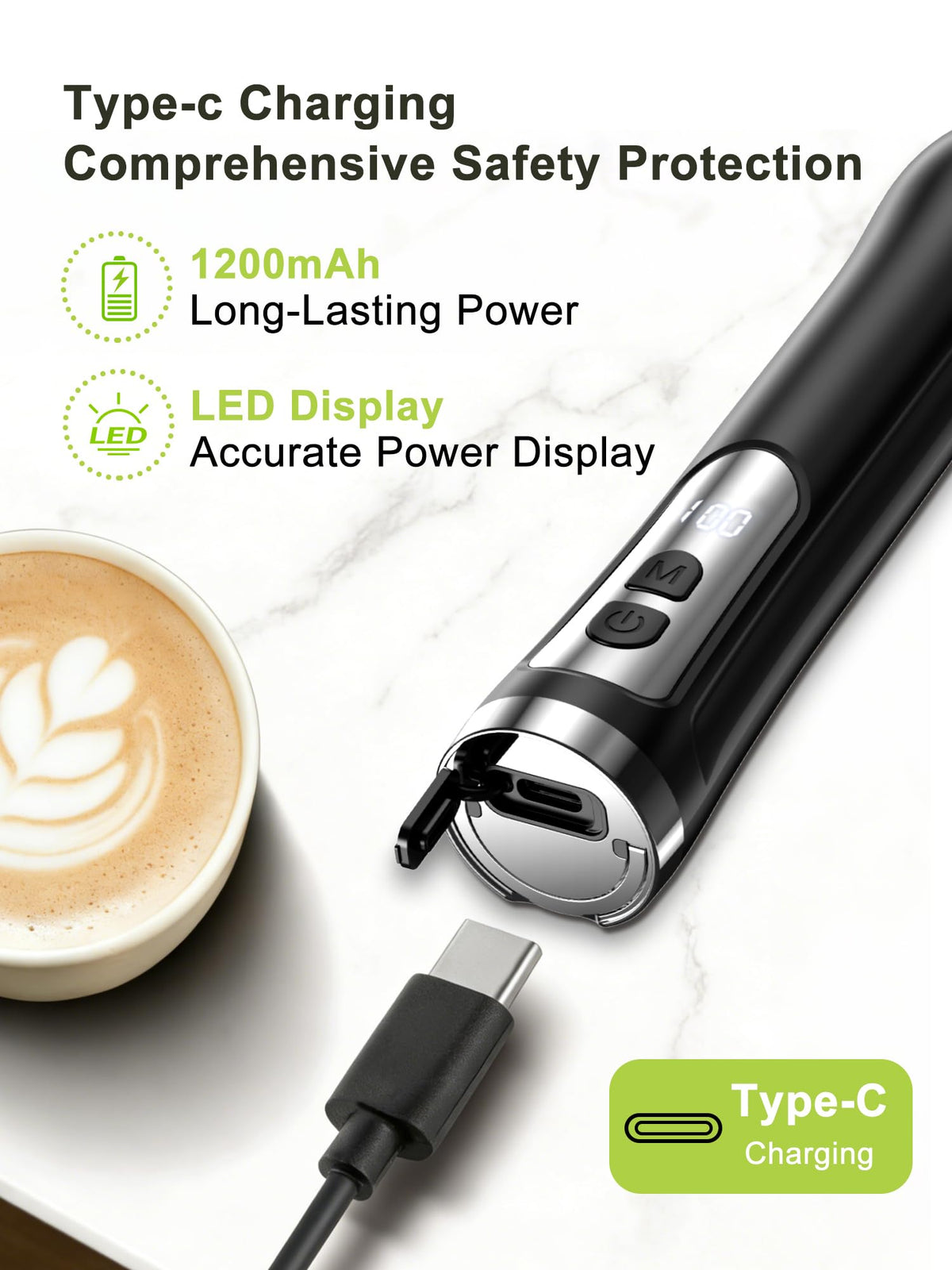 DAGKHE USB-C rechargeable frother powered by a durable 1200mAh battery