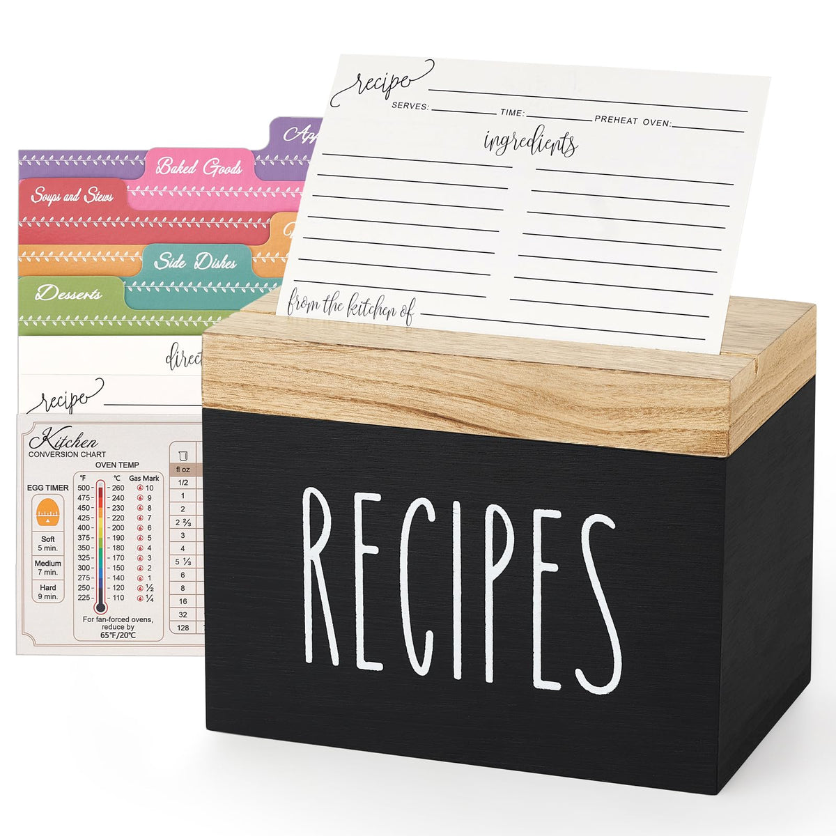 Dahey recipe box with black body and brown lid helps organize kitchen recipes.