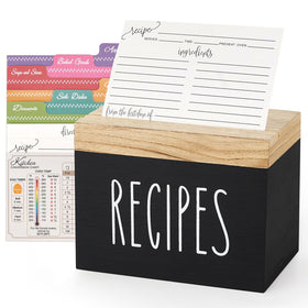 Dahey recipe box with black body and brown lid helps organize kitchen recipes.