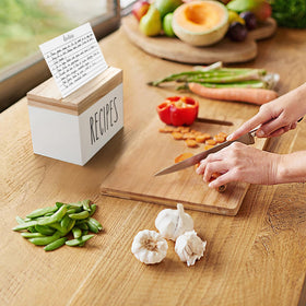 Dahey white recipe box closed with cards neatly stored for organized kitchen storage.