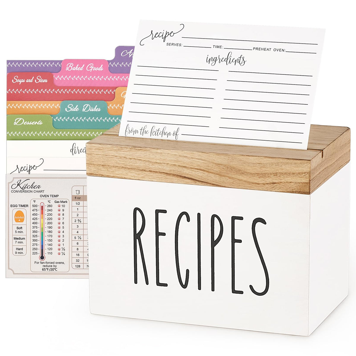 Dahey wooden recipe box with open lid showing accessible card slots for easy use.