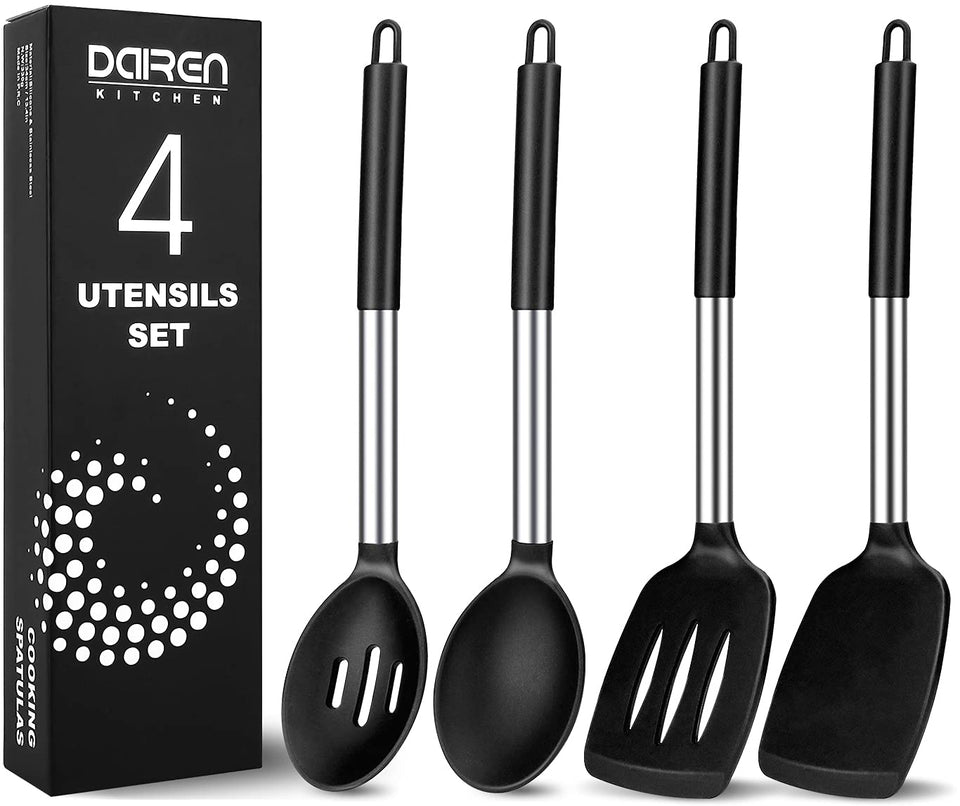 DaiRen Kitchen silicone spoons and spatulas set in black for non-stick pans