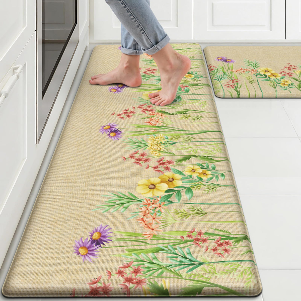 DailyCuddles 17x47 kitchen mat cushions feet during long cooking sessions.
